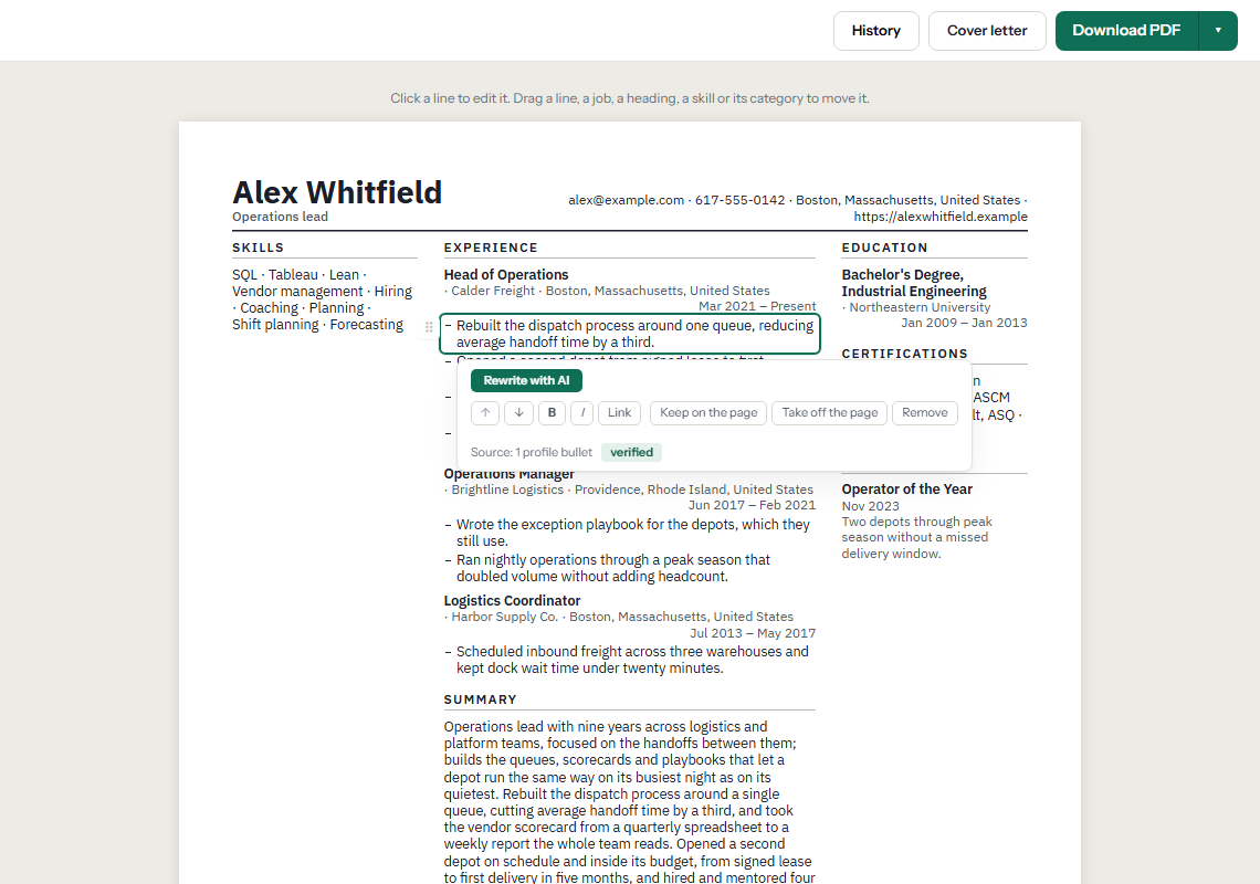 BrewCV résumé editor with one line clicked